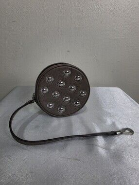 Michael Kors Round Brown Leather Wristlet with Silver Stud Accents